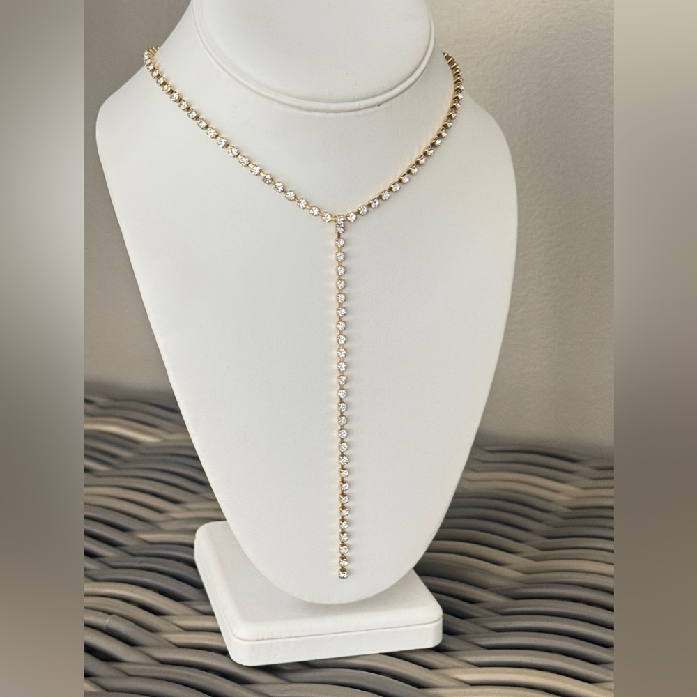 Brand new- Y Necklace with allover crystals in antique gold